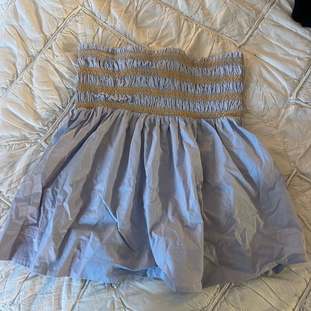 Blue Strapless Smocked babydoll top with orange detailing